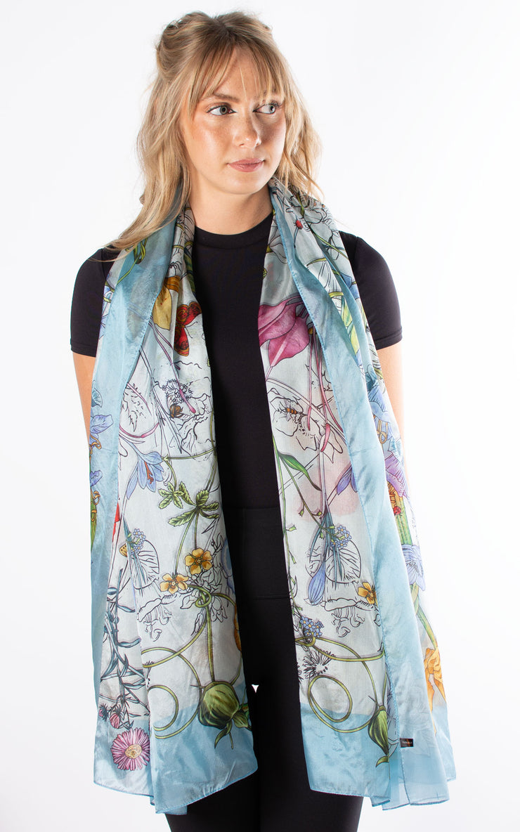 Aqua Border Floral Silk Scarf