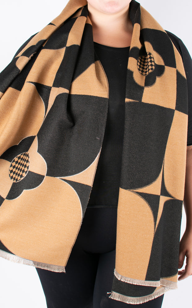 Autumn Winter Scarf | Contrast Shapes | Black & Camel