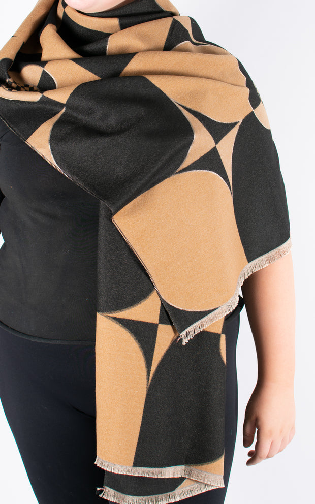 Autumn Winter Scarf | Contrast Shapes | Black & Camel