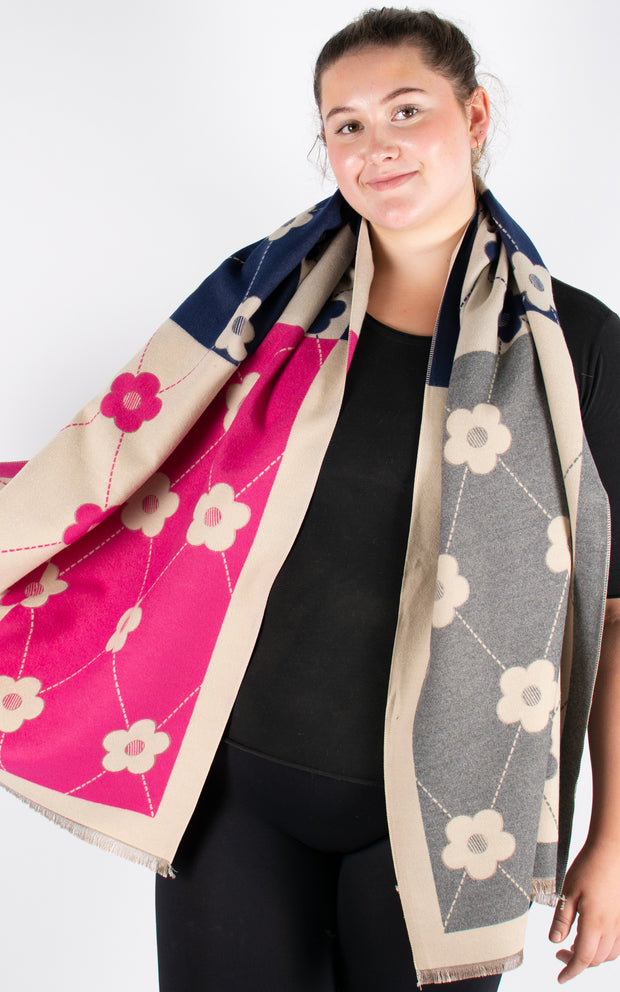 Autumn Winter Scarf | Floral Harlequin | Hot Pink & Navy