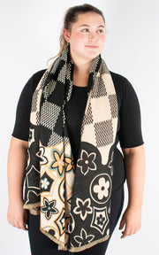 Autumn Winter Scarf | Print Hem Check Pattern | Black