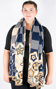 Autumn Winter Scarf | Print Hem Check Pattern | Navy