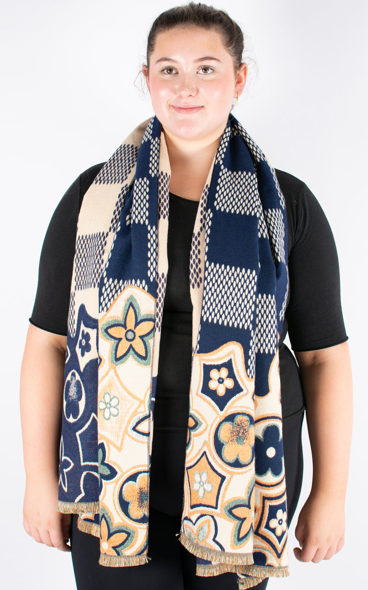 Autumn Winter Scarf | Print Hem Check Pattern | Navy