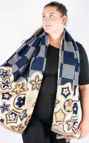 Autumn Winter Scarf | Print Hem Check Pattern | Navy