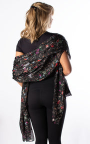 Black Abstract Flowers Silk Scarf