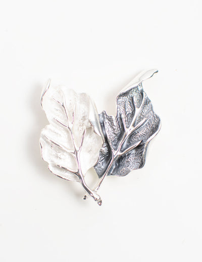 Brooch | Two Leaves | Silver & Grey