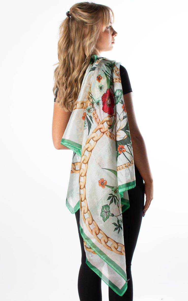 Green Chain & Flowers Silk Scarf