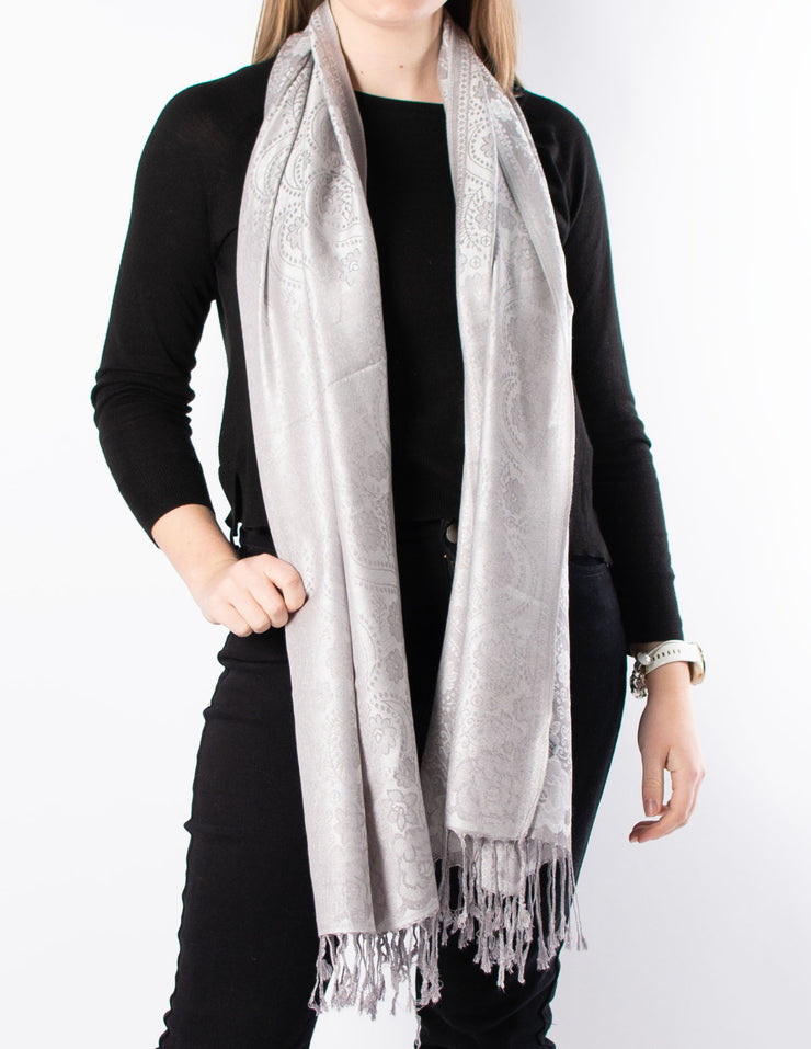 Grey And Silver Floral Pattern Pashmina