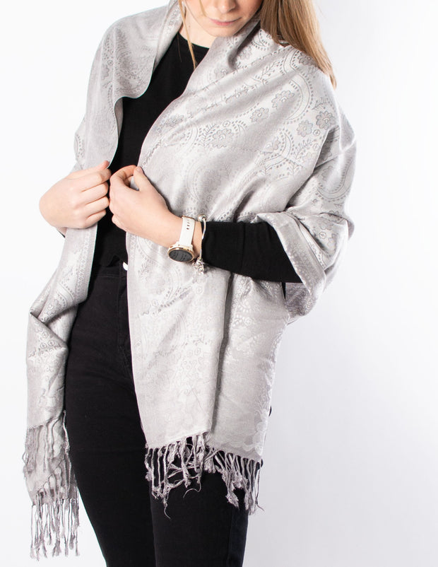 Grey And Silver Floral Pattern Pashmina