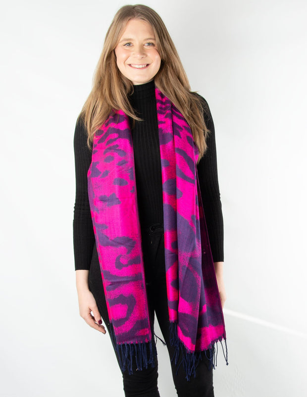 Hot Pink And Navy Animal Print Pashmina- SECONDS