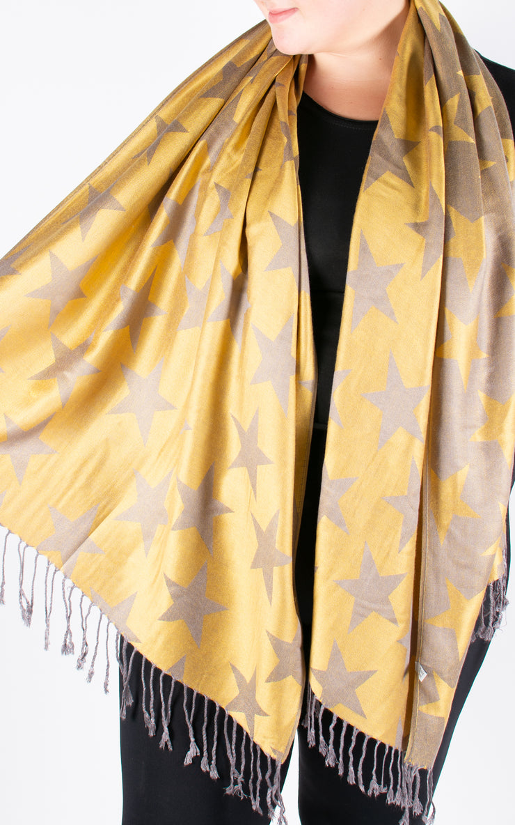 Large Star Print Patterned Pashmina | Mustard