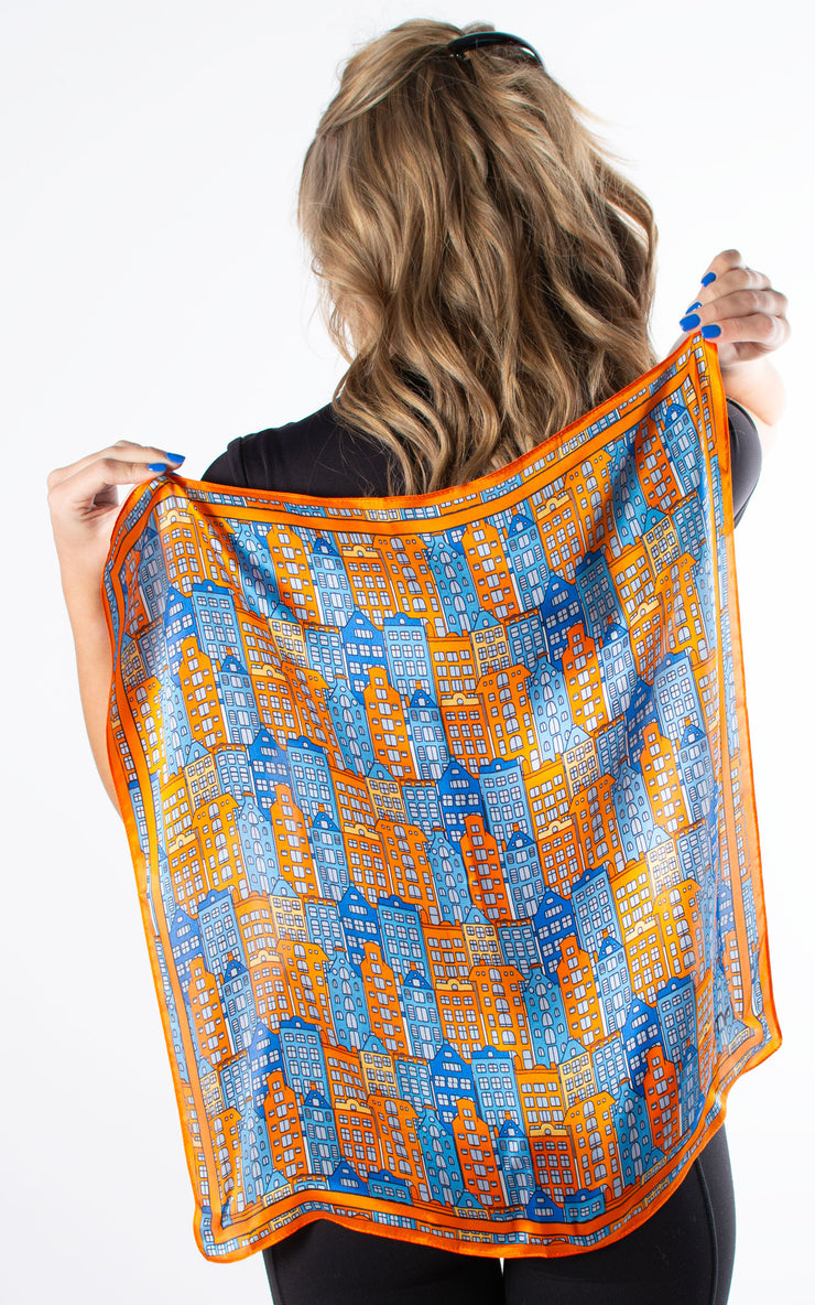 Orange & Blue Town Square Silk Scarf