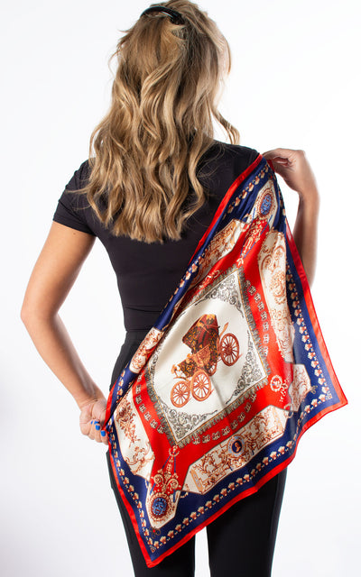 Red & Navy Carriage Square Silk Scarf