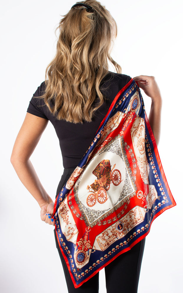 Red & Navy Carriage Square Silk Scarf