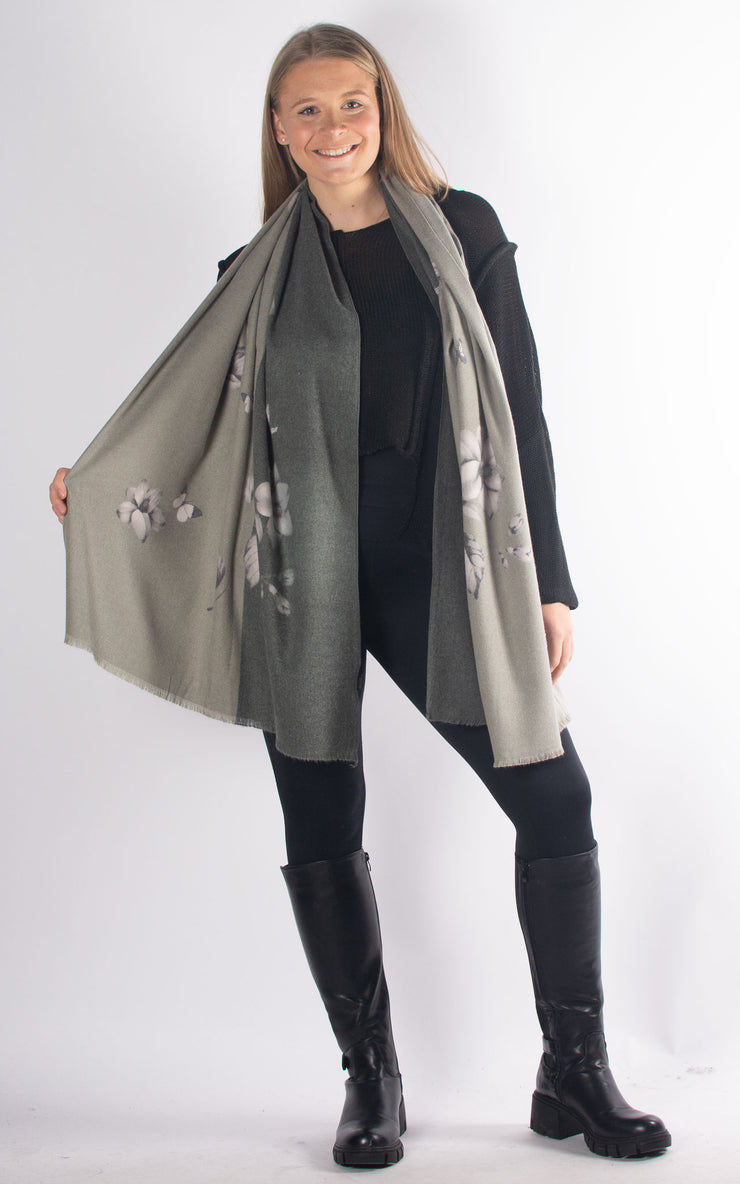 Scarf | Butterflies And Flowers | Khaki