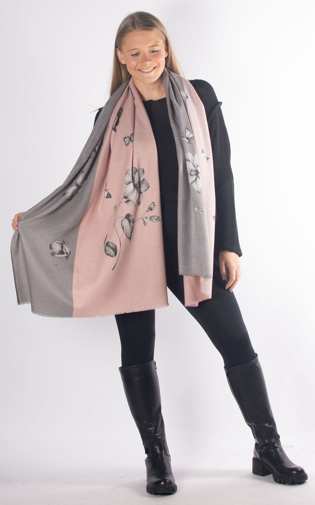 Scarf | Butterflies And Flowers | Pink & Grey - SECONDS