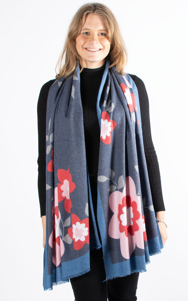 Scarf | Cashmere Mix Layered Flowers | Navy - SECONDS
