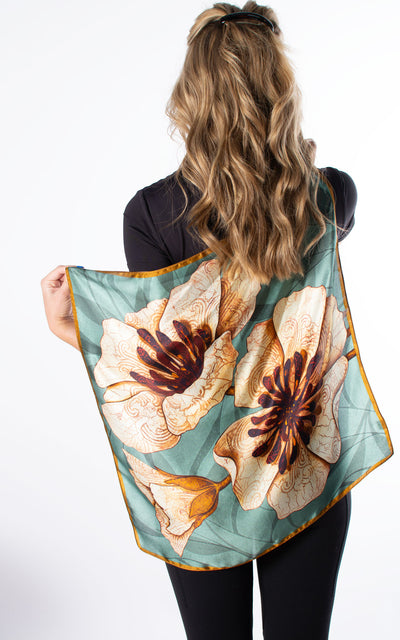 Sea Green & Gold Large Flowers Square Silk Scarf