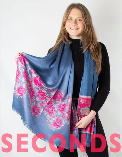 Steel Blue And Hot Pink Floral Panel  Patterned Pashmina - SECONDS