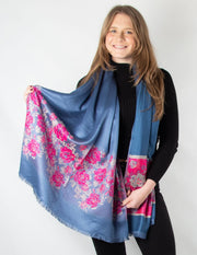 Steel Blue And Hot Pink Floral Panel  Patterned Pashmina - SECONDS