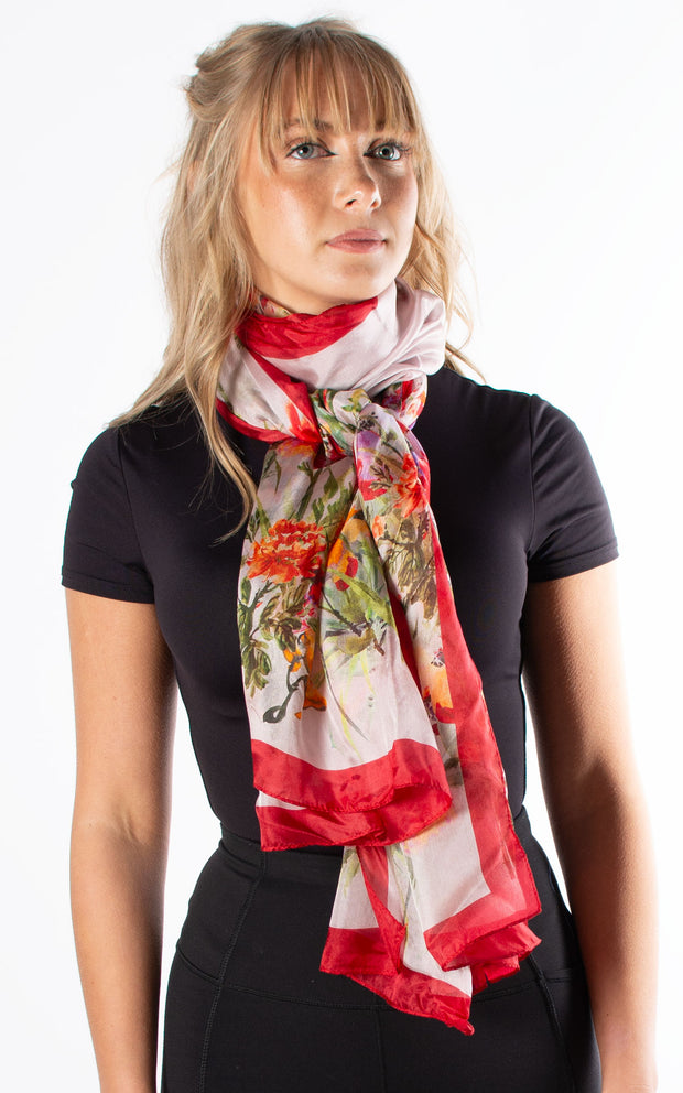 Watercolour Flowers Red Silk Scarf