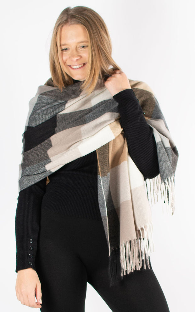 Winter Blanket Scarf | Squares | Black, Taupe & Cream-SECONDS
