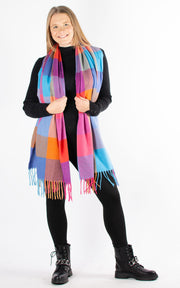 Winter Blanket Scarf | Squares | Hot Pink, Orange & Blue