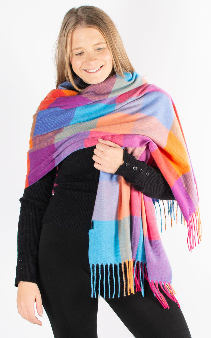 Winter Blanket Scarf | Squares | Hot Pink, Orange & Blue