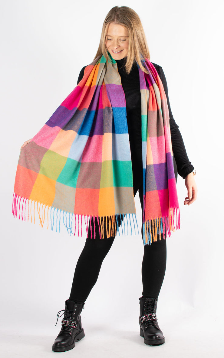 Winter Blanket Scarf | Squares | Hot Pink, Orange & Green