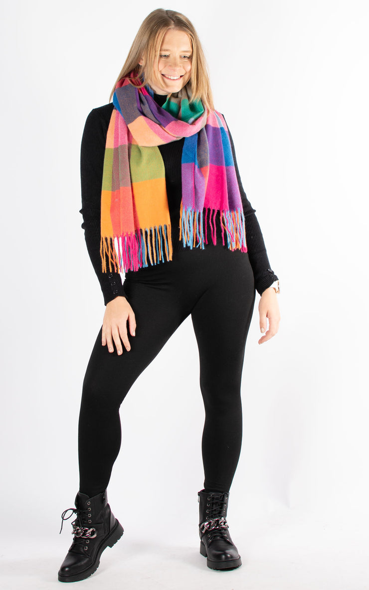 Winter Blanket Scarf | Squares | Hot Pink, Orange & Green
