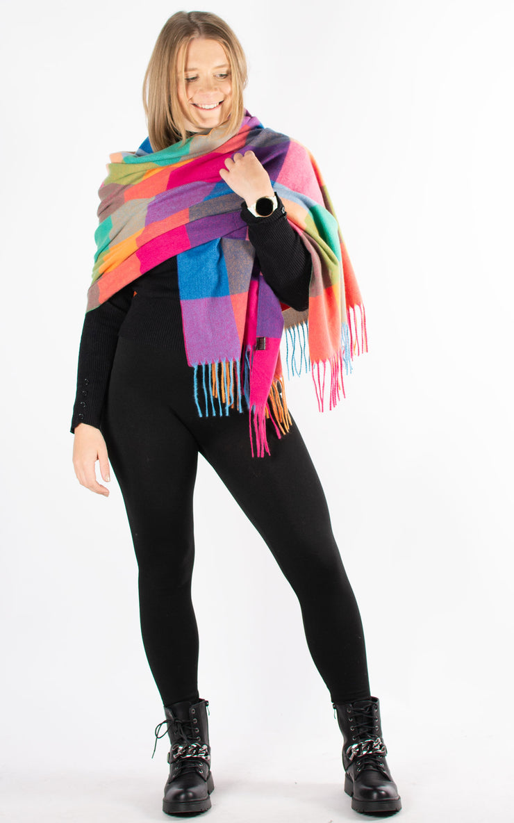 Winter Blanket Scarf | Squares | Hot Pink, Orange & Green