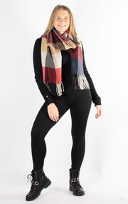 Winter Blanket Scarf | Squares | Mulberry Red, Navy & Taupe