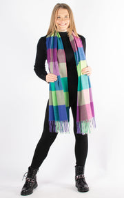 Winter Blanket Scarf | Squares | Purple, Cream & Green