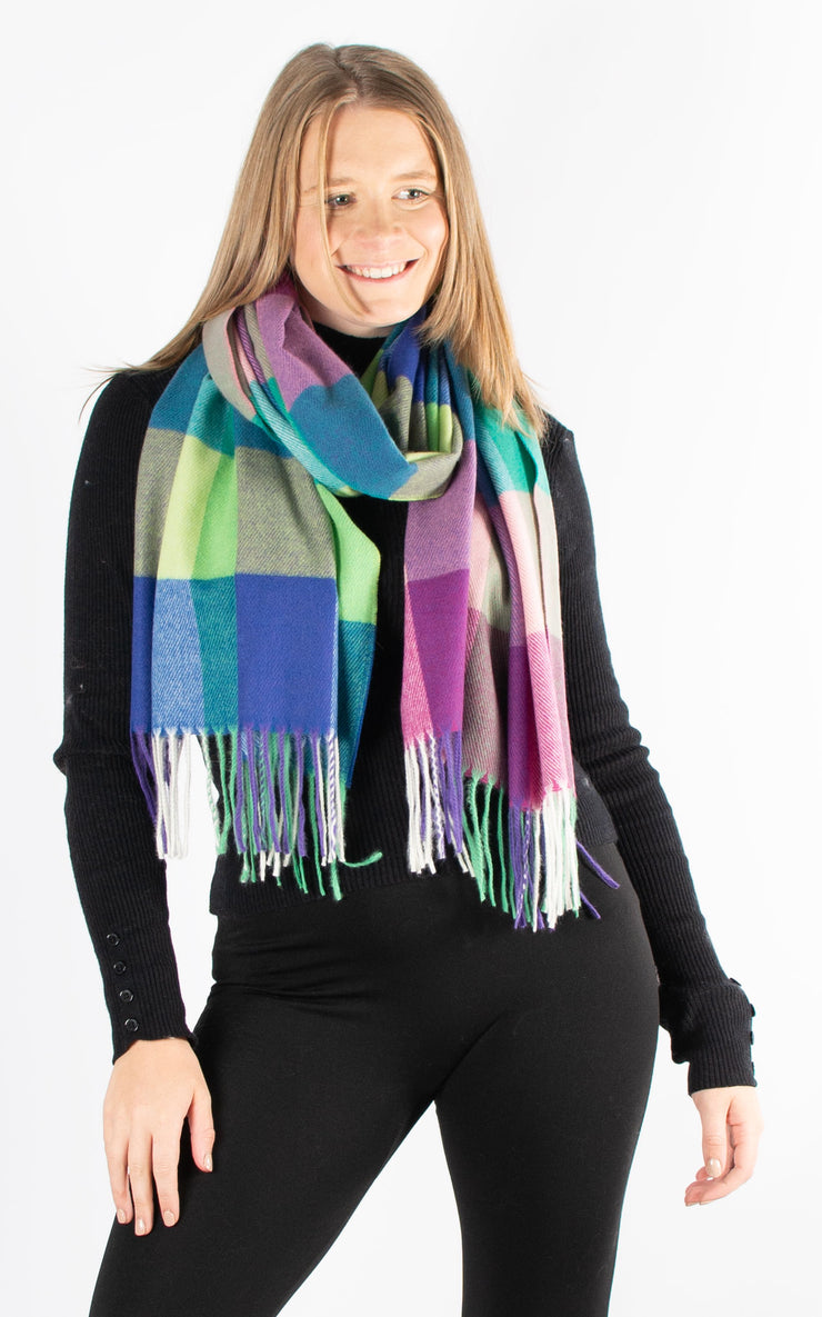 Winter Blanket Scarf | Squares | Purple, Cream & Green