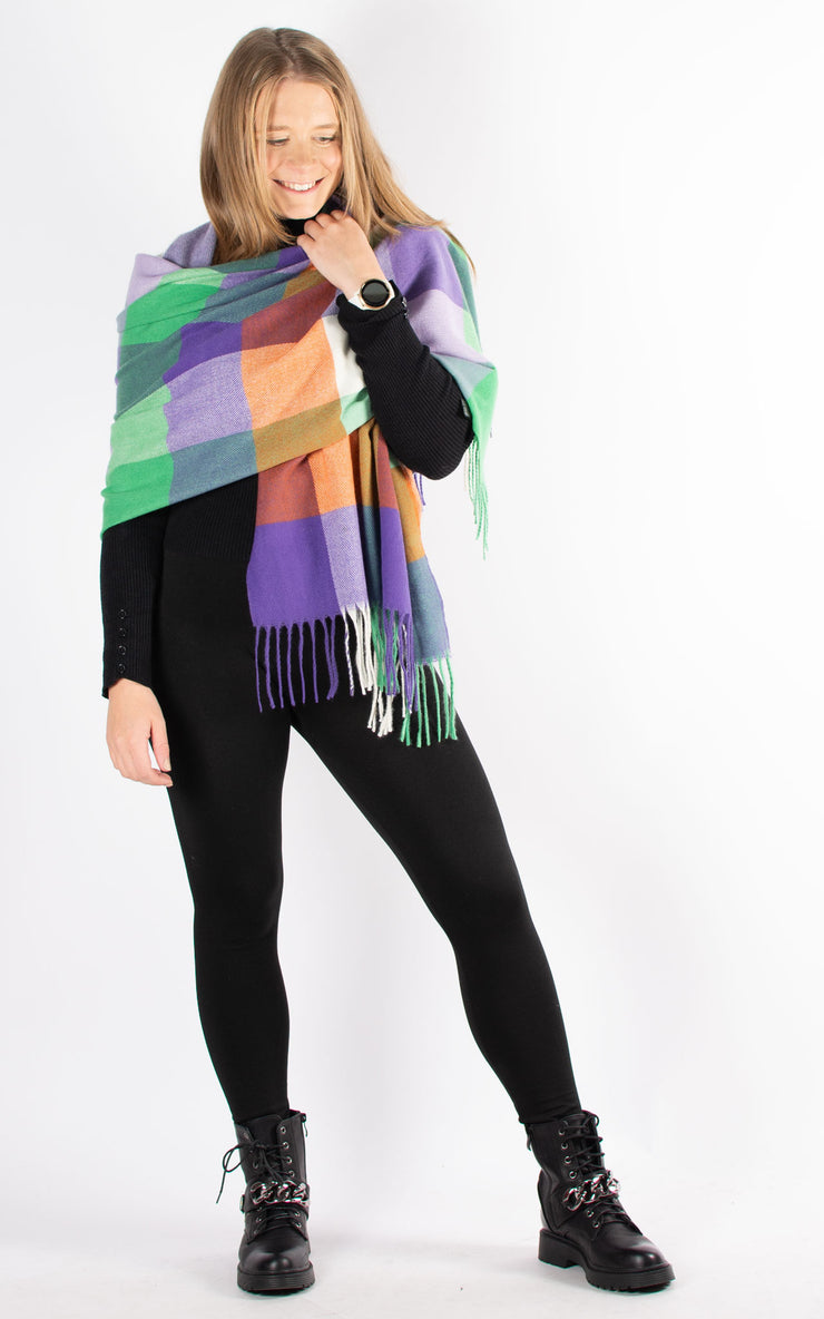 Winter Blanket Scarf | Squares | Violet, Green & Cream