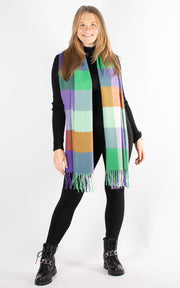 Winter Blanket Scarf | Squares | Violet, Green & Cream