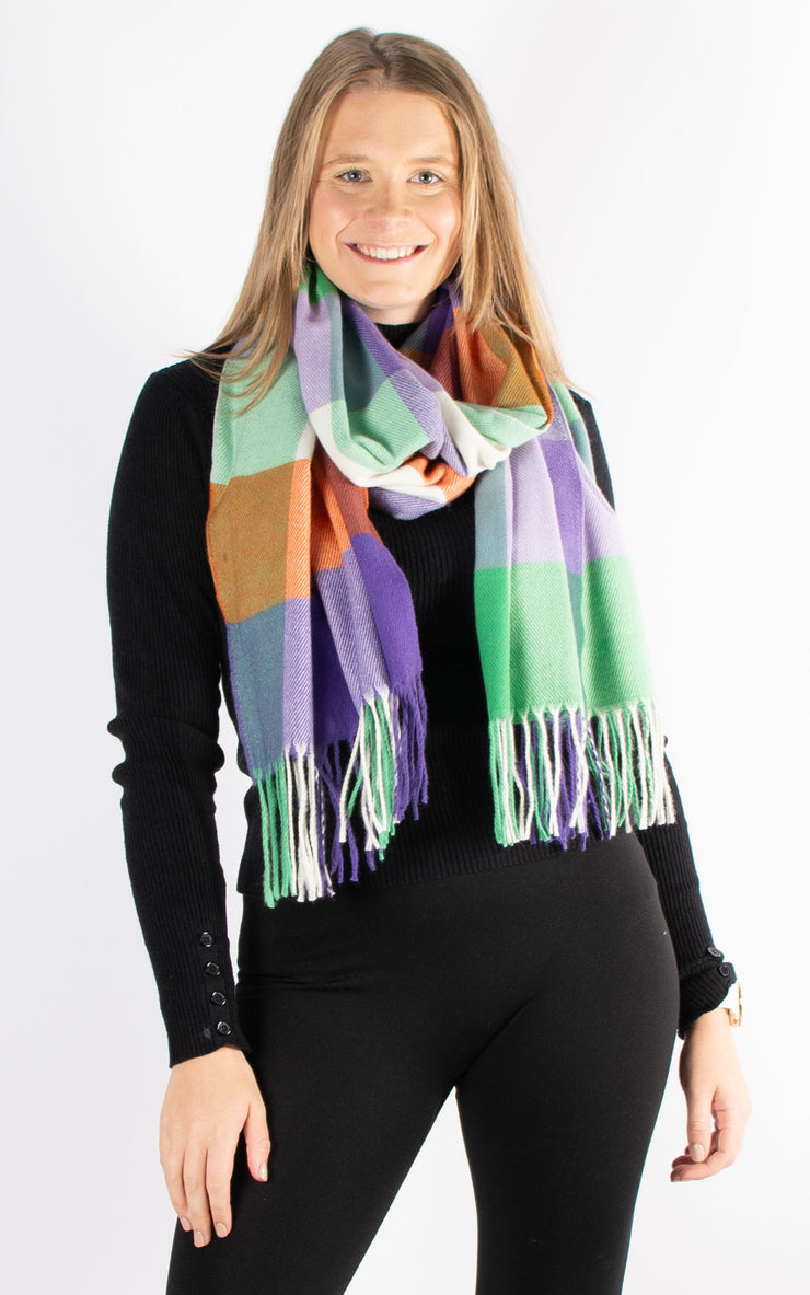 Winter Blanket Scarf | Squares | Violet, Green & Cream