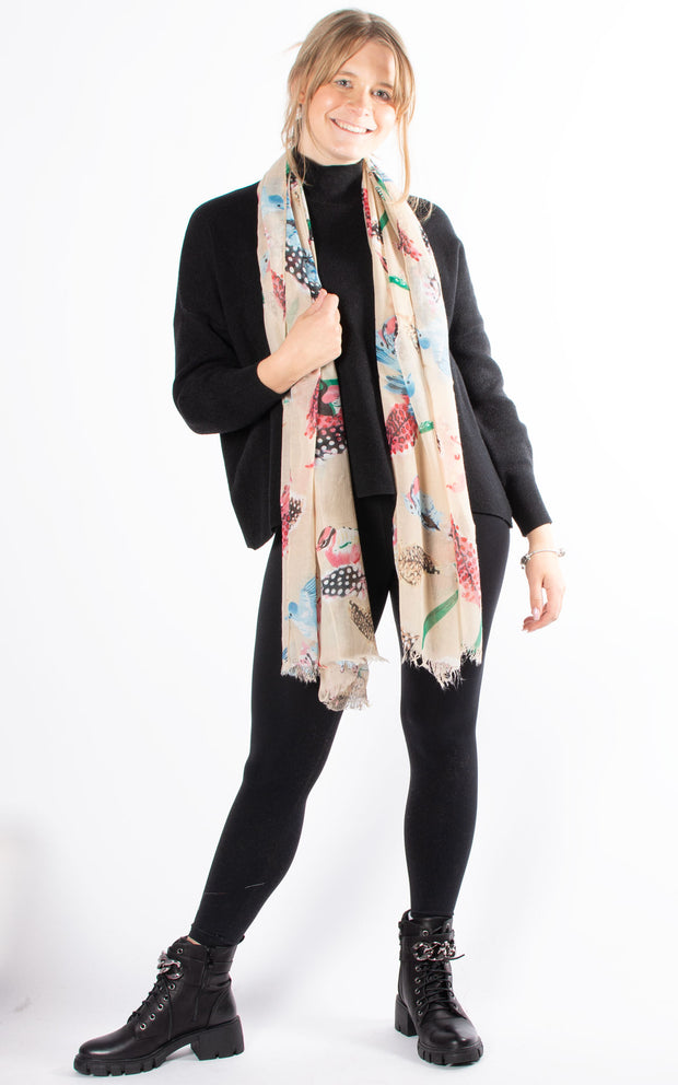 Birds And Feathers Scarf | Beige