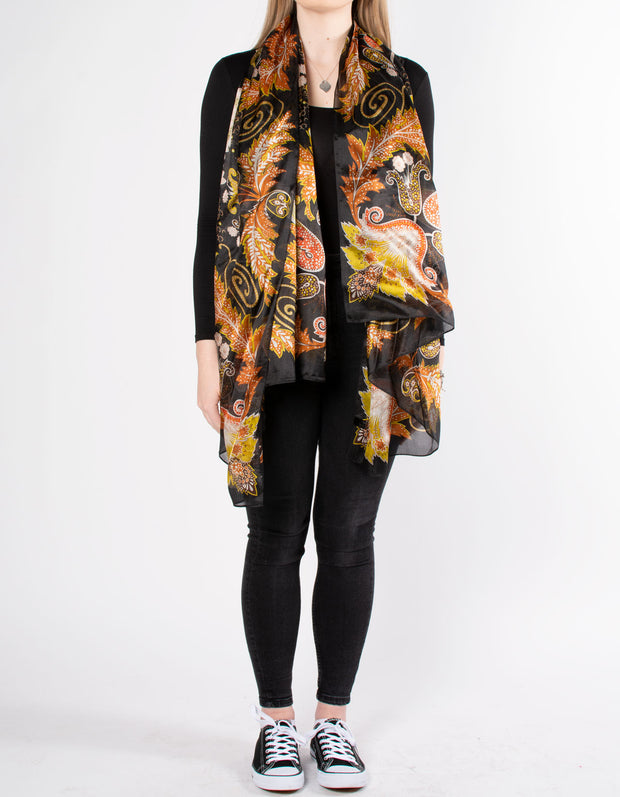 Black Large Paisley Print Silk Scarf