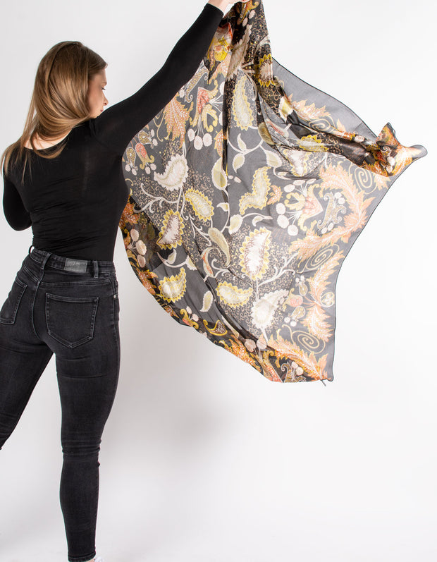 Black Large Paisley Print Silk Scarf