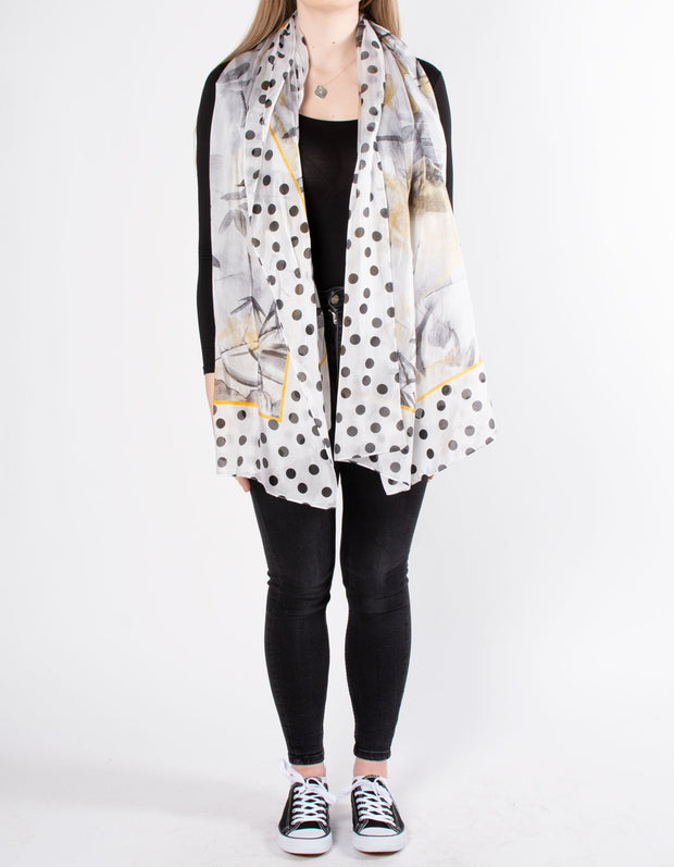 Black & White Floral Polka Dot Silk Scarf