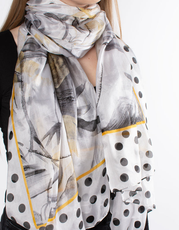 Black & White Floral Polka Dot Silk Scarf