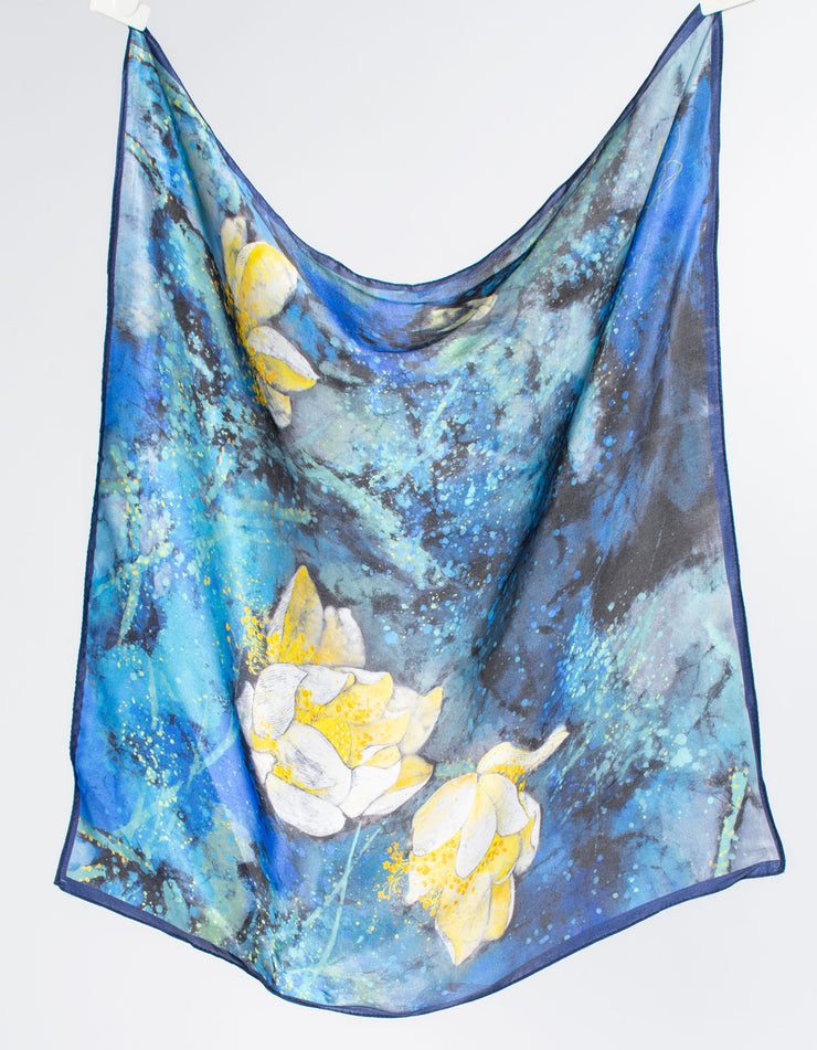 Blue & Yellow Floral Splatter Square Silk Scarf
