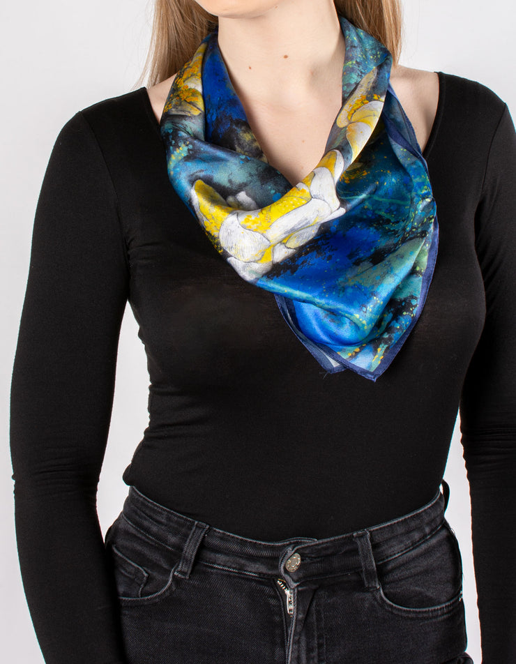 Blue & Yellow Floral Splatter Square Silk Scarf