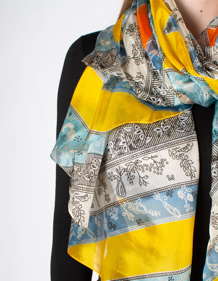 Blue & Yellow Printed Triangle Silk Scarf