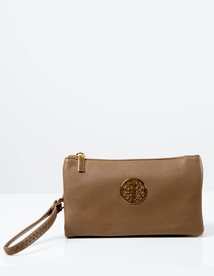 an image of a brown clutch bag