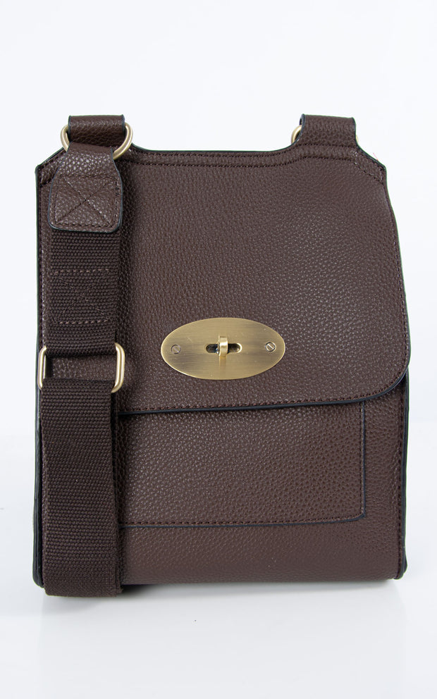 An image showing a coffee coloured messenger bag.