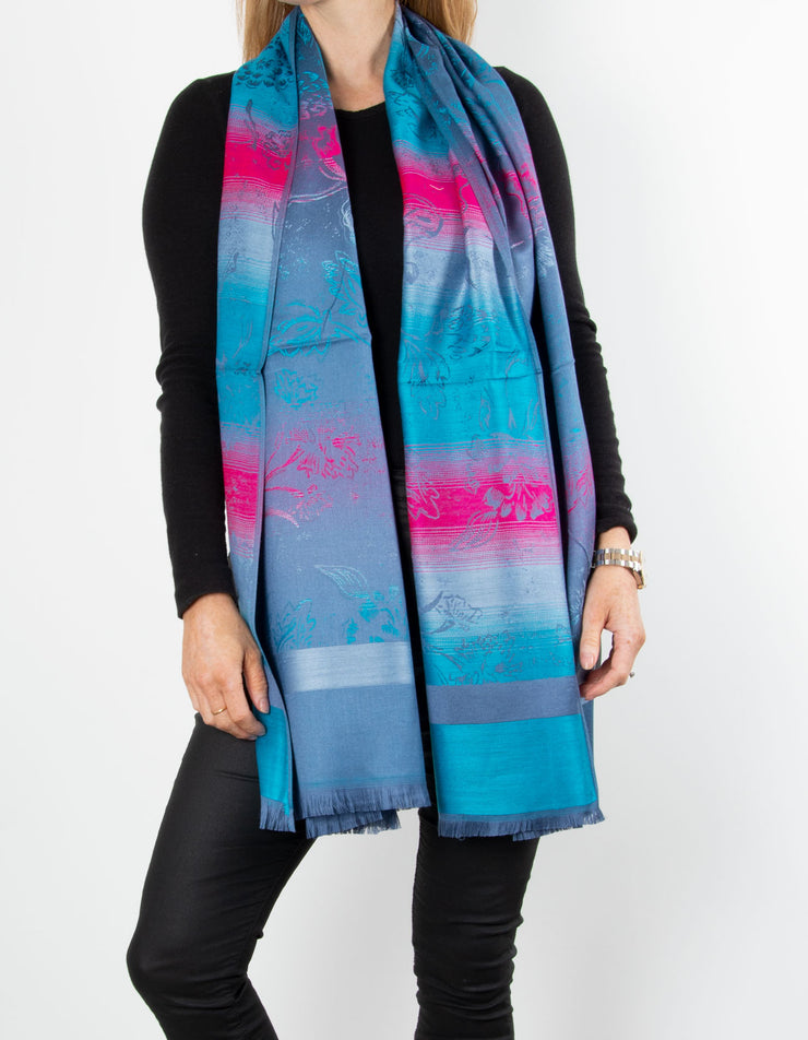 Turquoise Blue And Pink Floral Print Pashmina