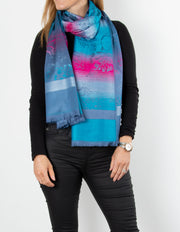 Turquoise Blue And Pink Floral Print Pashmina