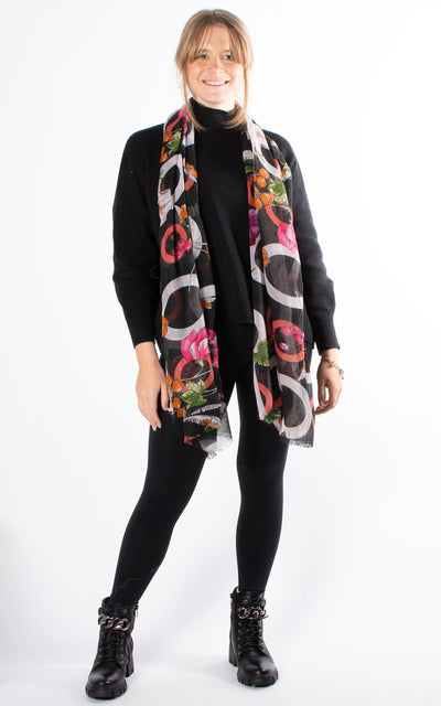 Floral And Circle Print Scarf | Black